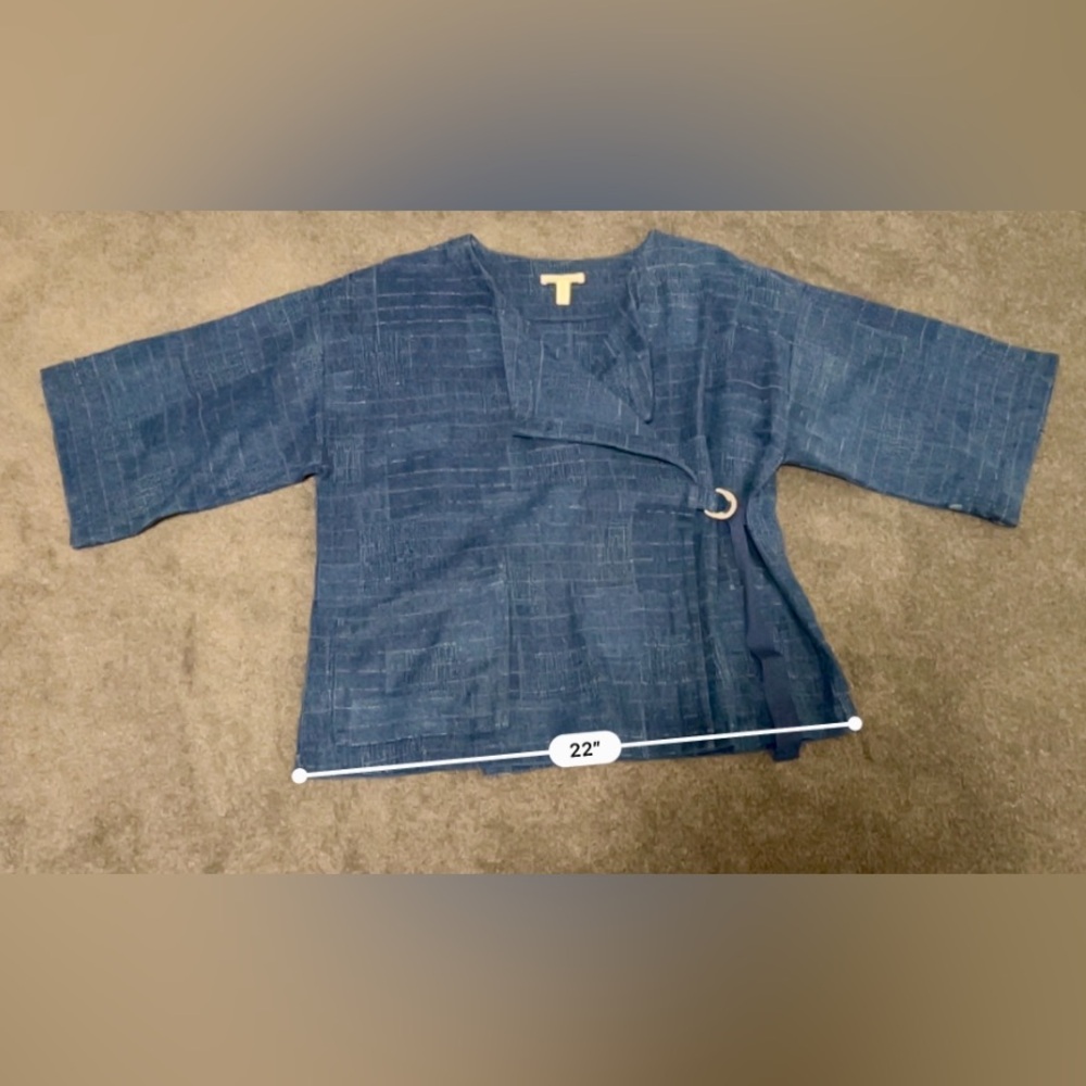 Eileen Fisher Blue Linen Asian Wrap Top with Ring Closure Detail - Picture 7 of 8